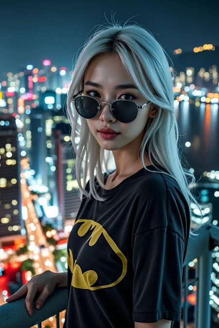 An ethereal Asian woman with white hair and eyebrows, standing on the top of a building in Hong Kong at night. She wears a Batman shirt and stylish sunglasses, her albino features glowing softly under the city lights. The background is a bustling, atmospheric view of Hong Kong's skyline, with neon lights reflecting off the surrounding buildings and the harbor below. The scene is lit by the vibrant glow of city lights, creating a contrast between her pale complexion and the vivid colors of the urban environment. Her pose is confident and relaxed, with a slight breeze gently moving her hair. The overall style is vivid, capturing the cinematic beauty of the moment. Captured with a Sony A7R IV camera and a 50mm f/1.2 G Master lens for a beauty editorial shoot