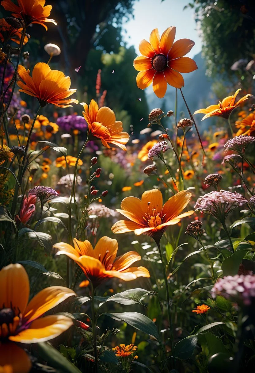 best quality,high resolution,extremely detailed,8k,dynamic angle, unreal 5 engine,creative,unconventional cinematic realism demonstration masterpiece inspired by floral nature,huge busy scene