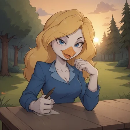 score_9, score_8, BREAK, solo, blonde hair, bird girl, humanoid bird, furry, beak, white skin, blue eyes, blue collared shirt, blue skirt, cyan pantyhose, white heels, Gandra_Dee_(DuckTales), sexy pose, self portrait, smile, outdoors, sunlight, shadows, evening lighting, natural lighting, forest, trees, grass, orange sky, sunset