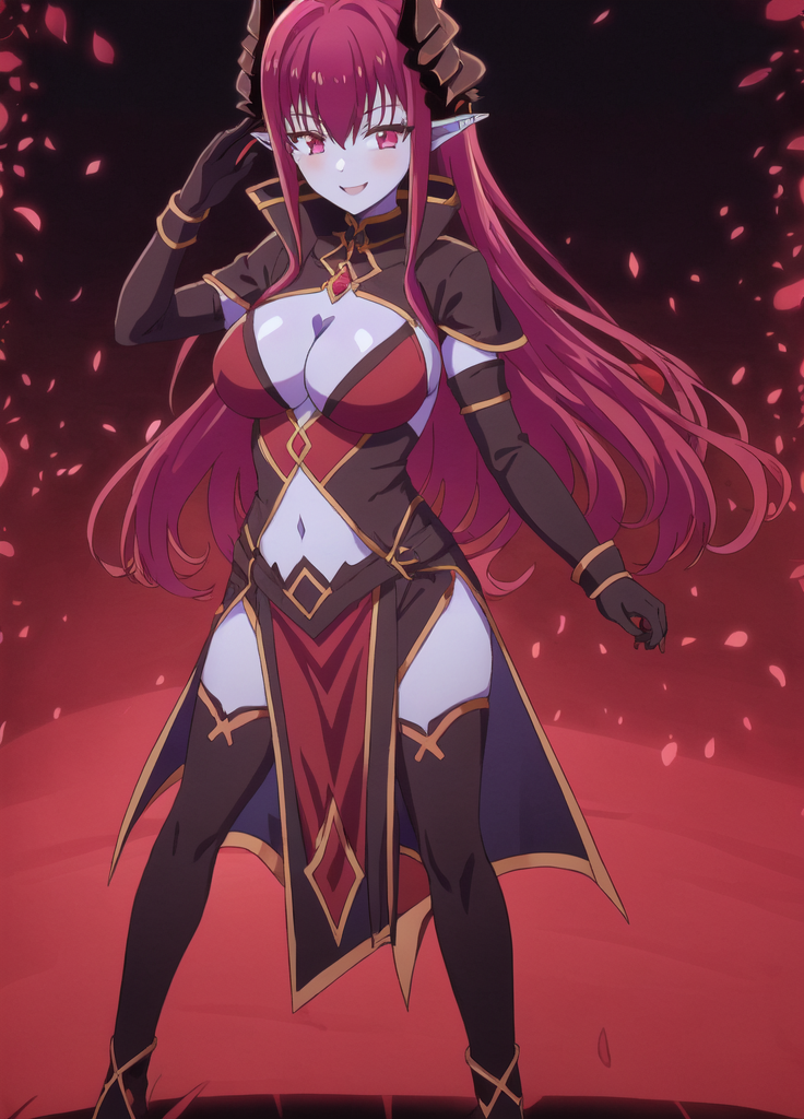 Desastre, 1girl, black background, black gloves, black sclera, blue skin, blush, breasts, center opening, cleavage, colored sclera, colored skin, demon girl, demon horns, dress, elbow gloves, full body, gloves, horns, jewelry, large breasts, long hair, looking at viewer, navel, pointy ears, purple skin, red dress, red hair, side slit, simple background, smile, solo, standing, thighhighs, <lora:Another_World_for_a_Second_Time-Desastre:0.8>, <lora:Masterpiace:0.8>, ((Strike a pose, Dynamic Pose, Happy,))