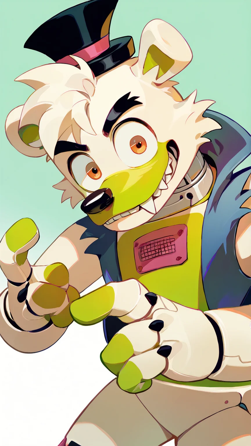<lora:saucebear_ponyxl-10v1.2:1.7> score_9_up, score_8_up, score_7_up, source_furry, source_cartoon, outside, saucebear, bear ears, large canines, perfect canines, sabertooth, deep blue mini top hat, orange eyes, detailed eyes, green phalanges, four fingers, (((four fingers))), greenish-white body:1.2, (green color front, gray neck, metallic neck:1.5), wearing blue vest, loose vest, thin neck, solo, (looking at viewer), perfect body, detailed hands, toony hands, toony body, toony head, zPDXL2, detailed hat, male focus, nice background, (flat chest), fluffy head:0.8, BREAK, winter scene