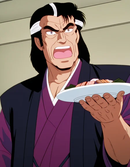 <lora:kaibara_yuzan_ill_0.90-000010:1>, yuzan, oldman, purple kimono, haori, soloaskwhocook, standing, upright, holding plate in one hand, no other hand, sashimi, open mouth, upper body, serious, masterpiece, best quality, good quality, anime coloring,
<lora:askwhocook_ill_v0.91-000010:0.7>,