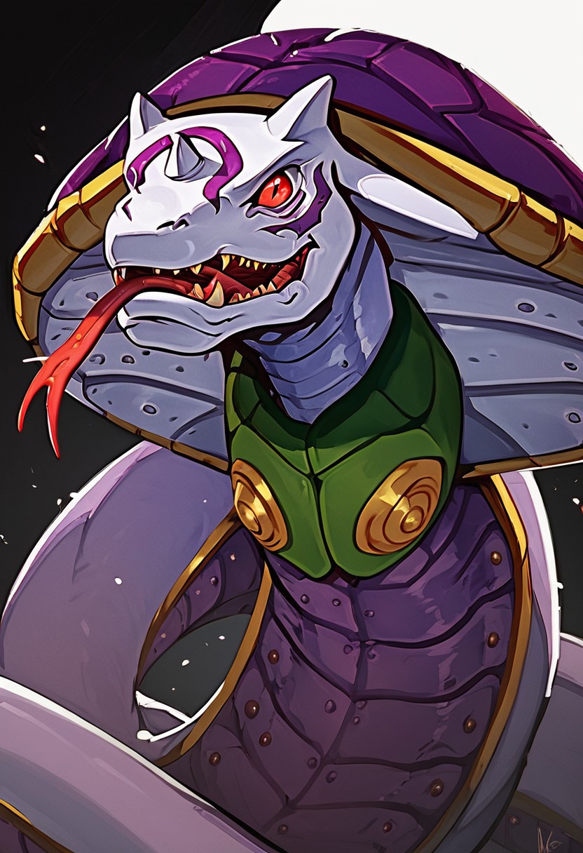 (score_9, score_8_up, score_7_up, score_6_up, score_5_up, score_4_up), dark lighting, (high quality), (high resolution), 4k, Sandiramon, monster, cobra, white skin, red eyes, three horns, purple shell, purple marks purple armor, gold trim, green chestplate,