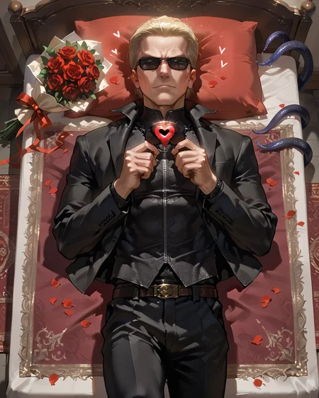 PonyScores7, source_anime, ah1
BREAK <lora:albertwesker-guy-PONYv1:0.8> albertwesker, albert wesker, 1boy, blonde, (sunglasses:1.3), looking at viewer, toned, athletic, fit, slicked back hair, mature male, short hair, (lying bed, <lora:RippingclothesV2:0.8> rippingownclothes, hands holding clothes, torn clothes, hands on clothes, ripped clothes, ripping clothes), (<lora:Indian_First_Night_Bed:0.8> bed, pillow, flower, heart, petals, rose, red flower, carpet, bouquet, red rose, rose petals, ornaments,), ((Vibrant, Full of energy and enthusiasm expression)), (focused, intense glare), blue eyes, (angular face, sharp_featured face), handsome, charming, alluring,  <lora:MC_superhuman:0.2> ((black tentacles, black tendrils))
BREAK <lora:xl_more_art-full_v1:0.2>, <lora:shinyskin2:0.2> glistening skin, <lora:aesthetic_anime_v1s:0.2>, <lora:Expressive_H:0.2> Expressiveh, <lora:hairdetailpxl:0.2> hairdetailpxl, <lora:EpicF4nta5yXL:0.2>, <lora:detailxl:0.2> detailxl, <lora:Fant5yP0ny:0.2>, best quality, amazing quality, best aesthetic, absurdres, <lora:expressive eyes:0.2> expressive eyes, <lora:eyedetailpxl:0.2> eyedetailpxl, illustration, Volumetric_Lighting, ultra-detailed, very aesthetic, intricate details, 8k, masterpiece, best_quality
BREAK (Full Shot)
BREAK <lora:Eyes_High_Definition:0.3> EyesHD, Stable_Yogis_PDXL_Positives, AS-Adult, <lora:Complicated fantasy portrait - XL Pony V2.0:0.4>, bad-hands-5, AS-MidAged,