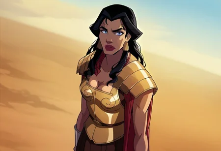 safe_pos, score_9, score_8_up, score_7_up, hippolyta, long hair, blue eyes, black hair, makeup, lipstick, armor, jewelry, earrings, greek dress, cleavage, 1woman, cape, cowboy shot, looking at viewer, solo, dutch angle, defined, helmet, loose hair, hair loose