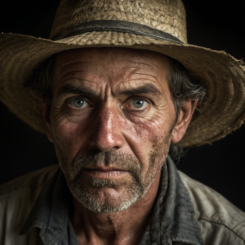 A visually compelling portrayal of a farmer, where the interplay of light and shadow accentuates their intense emotional expression. Emphasize the subject's pose or action, capturing a moment that symbolizes their feelings. Craft a scene that is not just seen, but deeply felt, using the subject's body language and setting to convey the depth of their emotion. Draw the viewer into the heart of the character's emotional world, making the emotion the centerpiece of the image