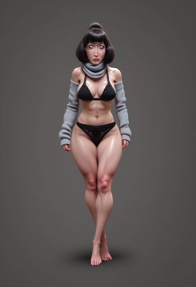 Hasselblad X2D 100C with polarizing filter, low exposure, high contrast, ISO 125, with a 50mm prime lens, Professional photo cinematic quality, The image is a photograph featuring  a mature Irish woman with black hair in a bob hairstyle, she is slim and toned with medium teardrop breasts and a very wide thigh gap, 8k hdr.  She has a fair complexion and Her hair is styled in a casual, messy updo with bangs framing her face. She has striking blue-grey eyes and a subtle, natural makeup look with a hint of pink lipstick.  wearing winter clothes thick jacket, sweater and scarf, snow is accumulating on her  hair, shoulders and clothes, Dynamic pose, at Dawn, full body view from head to toe, no trousers, black cotton bikini-cut panties with a black lace trim and a very small black satin bow in the centre of the waistband,
