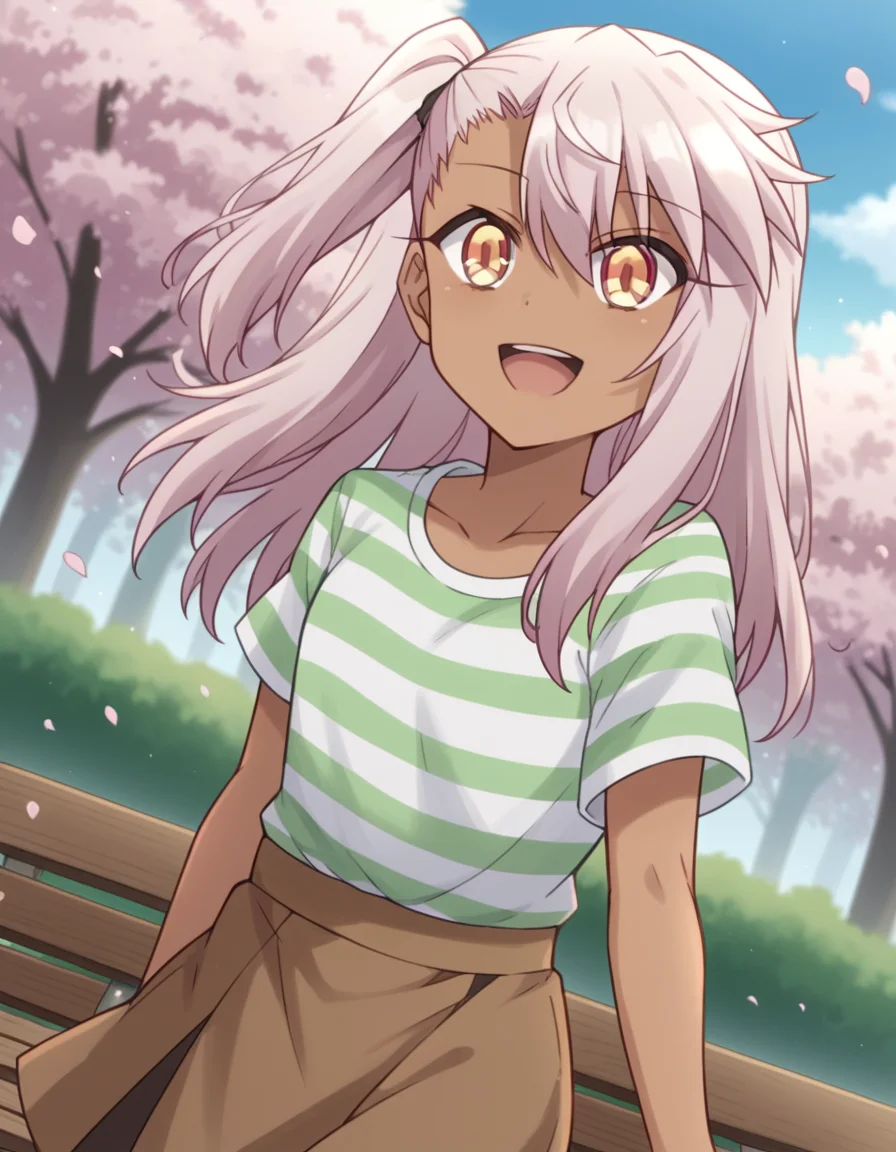 score_9, score_8_up, score_7_up, source_anime, <lora:chloe-von-einzbern-prisma-s2s3-ponyxl-lora-nochekaiser:1>,, chloe von einzbern, long hair, hair between eyes, yellow eyes, pink hair, dark skin, dark-skinned female,, skirt, shirt, collarbone, white shirt, short sleeves, shorts, socks, striped, one side up, white socks, brown skirt, striped shirt, green shirt,, park, cherry blossoms, bench, gentle breeze, peaceful, running, open mouth,, smile, , hand behind back, elbow bent, solo,, cowboy shot, dutch angle