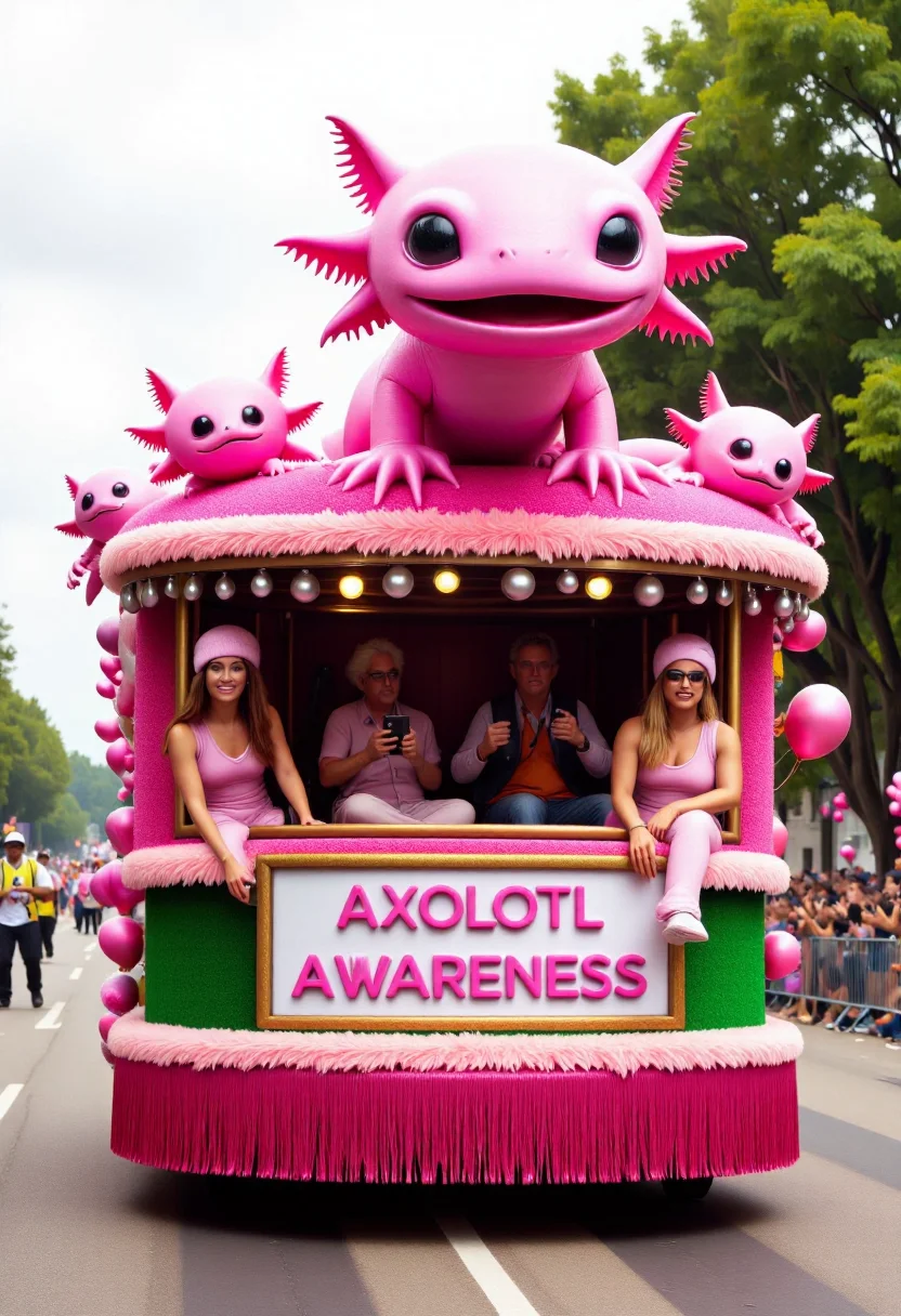 <lora:Parade_Float_Fashioner_FLUX-000005:0.9> <lora:axomodelv2:0.8>
The image is a realistic photograph capturing a vibrant, elaborate pink axolotl themed parade float with text banner "Axolotl Awareness".