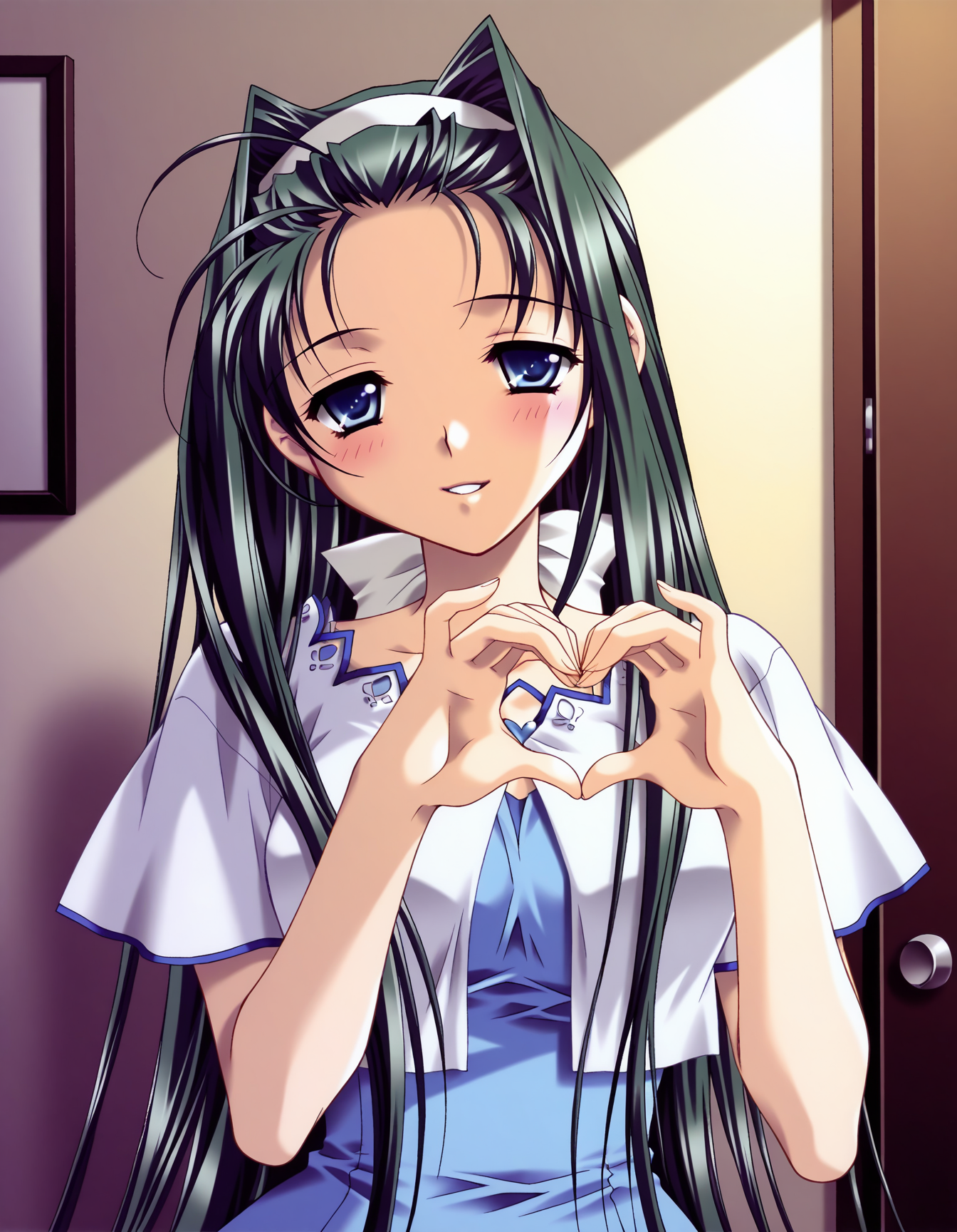 masterpiece, best quality, amazing quality, very aesthetic, absurdres, official art, ultra detailed, intricate, 
1girl, solo, hikami_arisa(rasenkairou2), long hair, hairband, hair ribbon, green hair, blue eyes BREAK 
blue dress, short sleeves, 
blush, seductive smile, parted lips, looking at viewer, 
standing, heart hands, 
in room, upper body, deep contrast of light and dark, sharp focus, depth of field, highly detailed <lora:hikami arisa v1.11-000012:1>