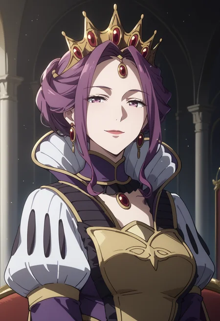 score_9, score_8_up, score_7_up, score_6_up, source_anime, absurdres, highres, official art, uncensored, lineart,
sharp focus, character focus, upper body, close-up, face focus,
mirelia_q_melromarc, mature female, sidelocks, earrings, purple hair, purple eyes, crown,
arrogant, tsurime, looking at viewer, half-closed eyes, smile,
purple dress, puffy sleeves, juliet sleeves, high collar,
luxury castle hall, indoors, night,
rising particles, glowing particles, depth of field, dark theme, <lora:AuraGlow_Style_v1:0.7000000000000001> <lora:Mirellia_Q._Melromarc__The_Rising_of_the_Shield_Hero_Pony:0.8>