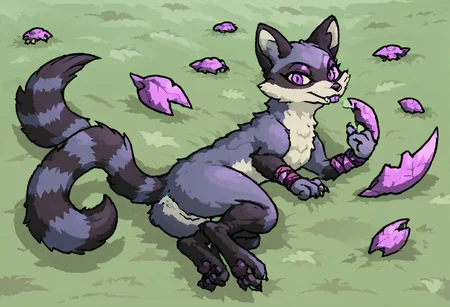 maypul, dark purple fur color, raccoon, female, solo, 1girl, evil, pink/purple demon eyes, abyss, shadow figure, evil, feral, looking at viewer, laying down, calm, fangs, cute, werewolf form, pet