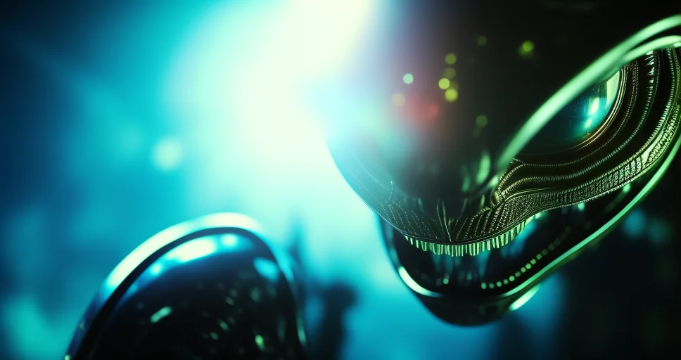 A dramatic close-up of a woman's face as she confronts an alien attacker, with a look of fierce determination and bravery. The photo should be taken with a high-quality DSLR camera, using professional lighting and color grading techniques to enhance the mood and atmosphere of the scene. The image should convey the woman's strength and courage as she faces off against the alien threat.