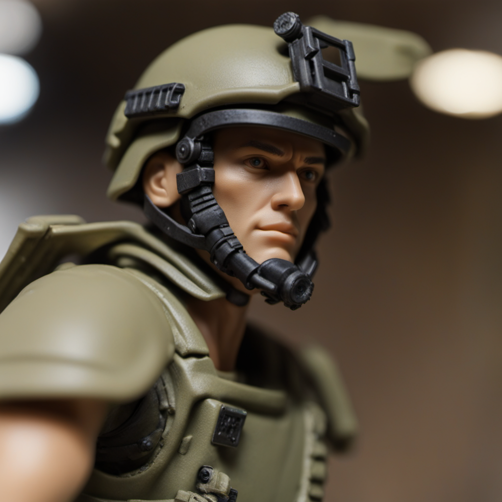 close up photo of a detailed action figure, toy solider with a helmet, photography, tilt blur, Product-View, 4k, Ultra-HD
