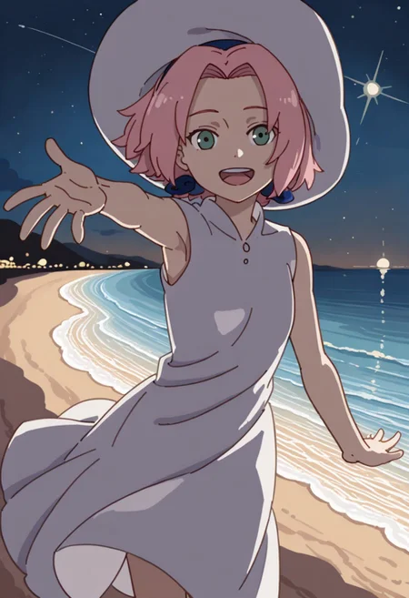 Score_9_up, score_8_up, score_7_up, source_anime, Expressiveh, perfect eyes, 1girl, solo, 1girl, haruno sakura, pink hair, short hair, green eyes, slim body,Small breasts,
white dress, sleeveless, standing, looking at viewer, sun hat, open mouth, outstretched arms, beach, happy,night,stars,beautiful eyes,
masterpiece,dynamic lighting,beautiful lighting