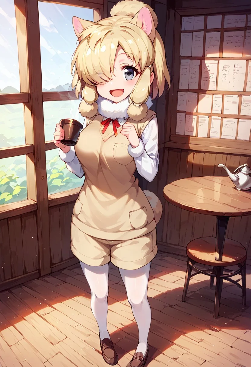 1girl, ((solo)), best quality, ultra-detailed, extremely detailed, perfect anatomy, masterpiece, score_9, score_8_up, score_7_up, Expressiveh, alpaca suri (kemono friends), alpaca ears, hair over one eye, bangs, blonde hair, grey eyes, sidelocks, hair tubes, hair bun, tail, short hair, horizontal pupils, fur scarf, white pantyhose, long sleeves, fur collar, fur trim, neck ribbon, white shirt, sweater vest, shorts, pantyhose, breast pocket, fur-trimmed sleeves, shoes, standing, open mouth smile, smile, cute, full body, cafe background, in a cafe, indoors, window with light, countertop, tables, chairs, dutch angle, full-length portrait, happy, looking at viewer, standing, (holding tea kettle:1.1),