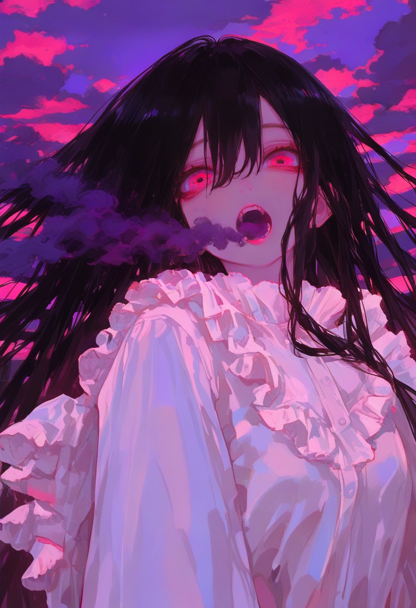 1girl, solo, long hair, black hair, open mouth, sky, cloud, frills, hair between eyes, upper body, long sleeves, looking at viewer, pink eyes, smoke, outdoors, cloudy sky, shirt, teeth, red eyes, purple sky, white shirt <lora:748cmXL_NB11_lokr_V6311P:0.95>