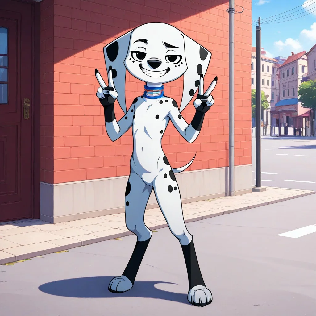 Dolly(101), solo, 1girl, semi-anthro, female furry, dog, dalmatian, white and black fur, black spots, thin tail, long ears, dog ears, black eyes, blue and yellow collar, looking at viewer, full body, day, open mouth, grin, peace sign, double v, standing, flat chested,