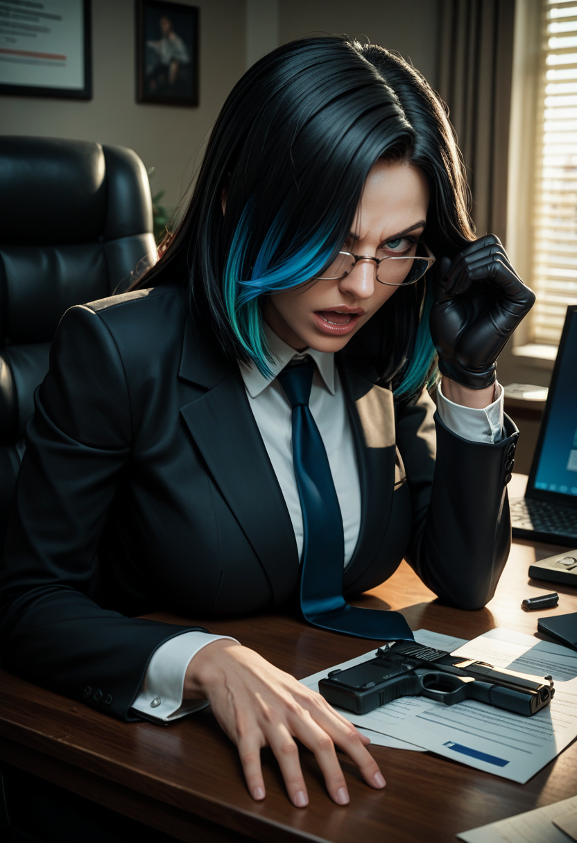 score_9, score_8_up, score_7_up, score_6_up, source_anime, masterpiece, newest,
1girl, solo, angry, black clothing, suit, tie, gloves, black hair, hair covering eye, bob haircut, partial fade, multicolored hair, long hair, glasses, open mouth, office, photocopier,
shiny skin, handgun resting on desk , mature, adult