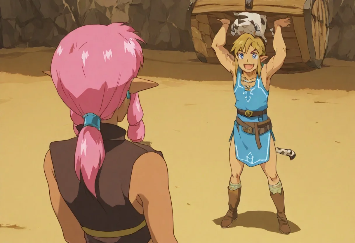 Pink_DragonPink, 1girl, sleeveless dress, white tiger print dress, pelvic curtain, cleavage, white tiger tail, red sash, small breasts, leather shoes, masterpiece, very aesthetic, smiling wide, <lora:pink-illustrious:1>,
Break
1boy,Anime screencap,link (zelda),blonde hair,blue eyes,pointy ears, low ponytail, sidelocks, wearing blue hyilian tunic,
Break
Hyrule dungeon interior, super_strength, pink_dragonpink holding a treasure chest, over head, hands up, over her head like an item