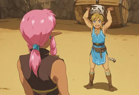 Pink_DragonPink, 1girl, sleeveless dress, white tiger print dress, pelvic curtain, cleavage, white tiger tail, red sash, small breasts, leather shoes, masterpiece, very aesthetic, smiling wide, <lora:pink-illustrious:1>,
Break
1boy,Anime screencap,link (zelda),blonde hair,blue eyes,pointy ears, low ponytail, sidelocks, wearing blue hyilian tunic,
Break
Hyrule dungeon interior, super_strength, pink_dragonpink holding a treasure chest, over head, hands up, over her head like an item