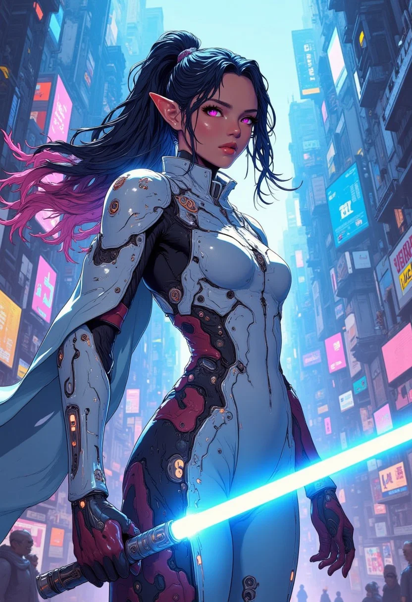 A stunning, curvaceous elf beauty stands majestically in front of a ominous high tech detailed alien city, her curly luscious locks are styled in an exquisite ponytail of tight ringlets that cascades down her back like blue and pink veil tucked behind her pointed ears. Elegant bangs go down both sides of her face. She has a confident smile. The soft, ambient lighting accentuates the delicate features of her perfect face and the contours of her toned physique, while vibrant colors and intricate details bring the scenery to life. Her face is flawless and clean with no markings or tattoos. Her formfitting exosuit is light gray and dark gray with glowing white accents and fits her perfect body tightly. She has a billowy gray Jedi robe draped across her shoulders. She holds one brightly glowing white lightsaber in her perfect left hand. Dynamic pose
anime_martz, anime_source, DB4RZ, DB4RZ style painting, anime, cyberpunk