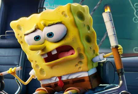 SpongeBob SquarePants is riding a scooter with Princess Elsa sitting on the back seat. Elsa is tightly hugging SpongeBob, her face pressed against his back. SpongeBob has a tired and apathetic expression, with a cigarette dangling from his mouth. The camera angle captures a side view of the scene, focusing on the characters and their expressions.spongebob，sysdeep_elsa
