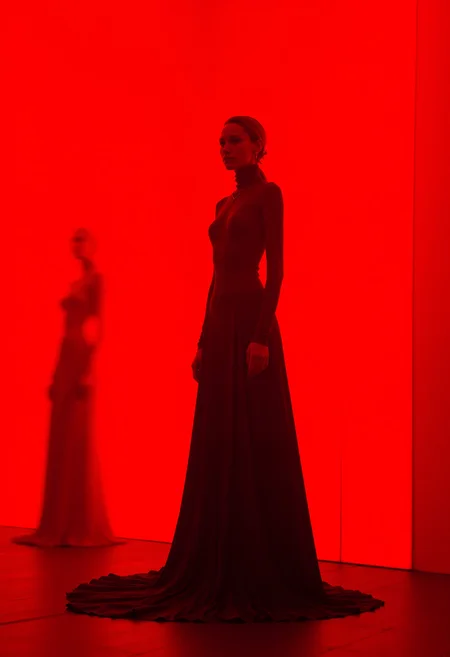 High fashion photography, behind the red wall, women naturally stand in front of the red wallNon centered composition, In motion, blurred body parts due to movement, 