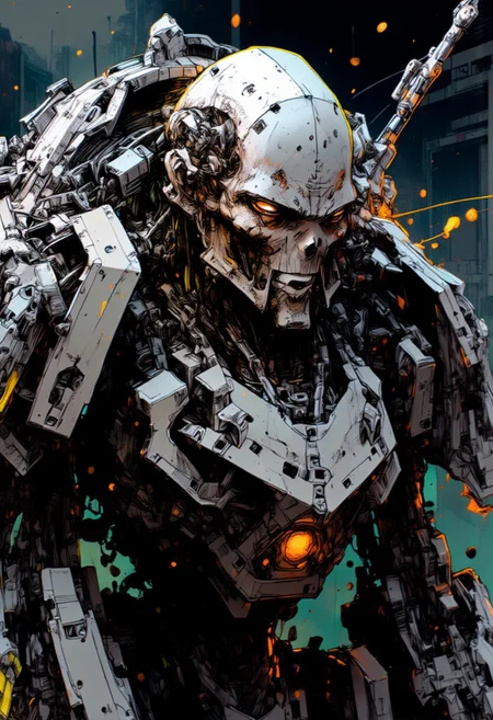nvinkpunk, mythp0rt, masterpiece, closeup view of a high-end battle robot, mirrored sliver armor, reflective faceplate, glowing circuitry, robot joints and cables, masterpiece, perfect composition, dark city background, silhouetted, directional light