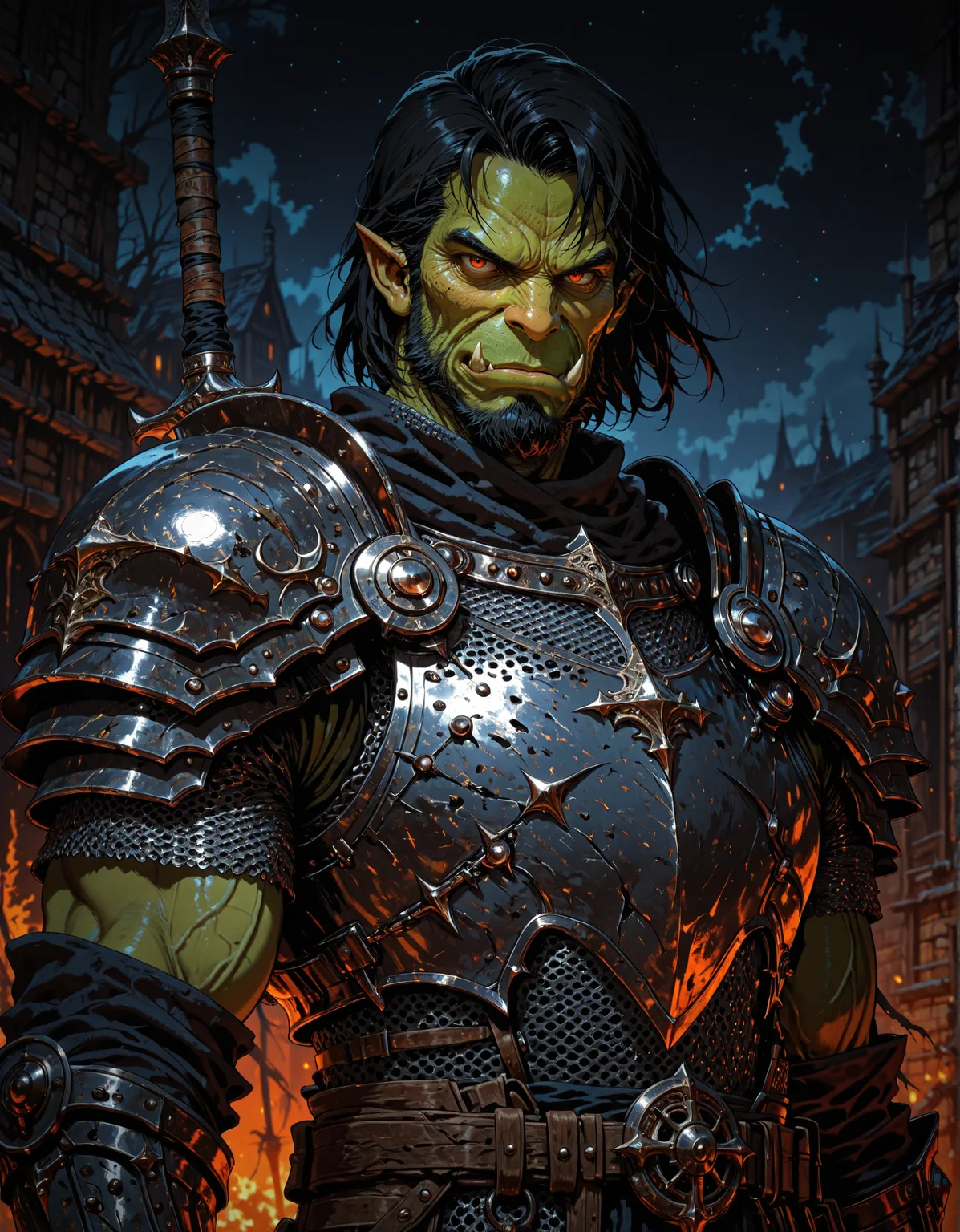 masterpiece, best quality,high quality, newest, highres,8K,HDR,absurdres, 1boy, solo, male focus, mature male, orc, green skin, tusks, red eyes, short hair, black hair, looking at viewer, armor, shoulder armor, breastplate, pauldrons, chainmail, upper body, closed mouth, standing, outdoors, night, night sky, dark background, dynamic angle <lora:iLLMythM4gicalL1nes:1> M4gicalL1nes