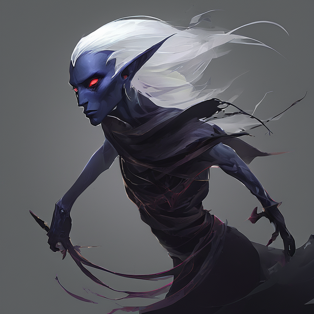 Drow are the Dark Elves of the Underworld - fearless killers who are known for both their spellcasting and fighting ability. Though more frail than humans,they are solid fighters with a great reputation of ruthlessness and precision. Those who cross a dark elf usually meet a swift demise. Drow are tallish elves with indigo skin and white hair,and usually have either red or golden eyes.,masterpiece,long exposure,layered elements,motion photography,stark contrasting color transitions,saturated colors,harmonious color story,illusionism,beautiful details,blackhole energy core,
<lora:artfullydrow__sdxl_v1:1>,