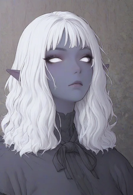 (score_9, score_8_up, score_7_up), source_anime, anime, female, elf, (dark blue skin), drowsinue, grey corset, grey cape, white shirt, black right arm, armor, white hair, wavy hair, medium hair, white eyes, masterpiece, best quality <lora:Floox_Style:1> detailed eyes, detailed hair, povcheekgrabbing, solo focus, hand on another's face, white hand on face, pale hand.