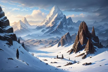 RAW photo, (masterpiece:1.3), subsurface scattering, heavy shadow, (high quality:1.4), (intricate, high detail:1.2), professional photography, HDR, High Dynamic Range, realistic, ultra realistic, photorealistic, high resolution, film photography, ambient lighting, atmospheric effects, <lora:detail_slider_v4:2>, OverallDetail, epic medieval fantasy, cloud, fanmou, fantasy, no humans, outdoors, sky, winter, <lora:Fantasy_Mountains:1>, epiCPhoto