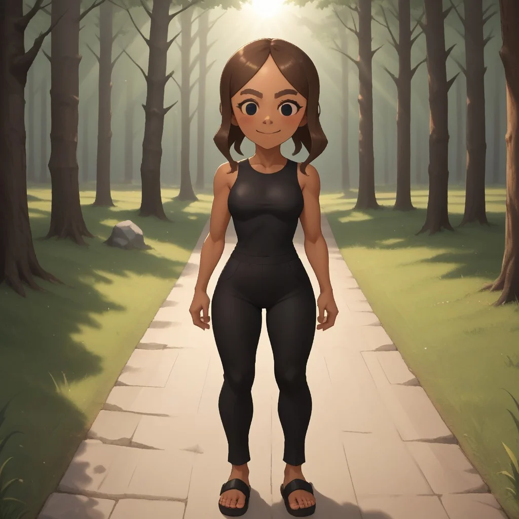 score_9, score_8, BREAK, solo, mii, wii, wii sports, female mii, 1girl, brown hair, black eyes, brown eyebrows, dark skin, blush, black clothing, black pants, sandals, breasts, cute, Chika_(Wii_Sports), nintendo mii, modern_mii, classic_mii, sexy pose, smile, outdoors, sunlight, shadows, evening lighting, natural lighting, forest, trees, grass, orange sky, sunset