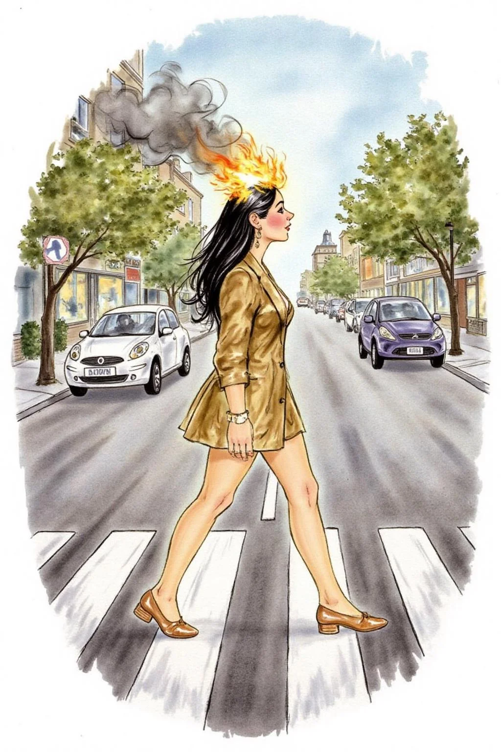 d0sn Illustration. Profile of a woman with long black hair walking across the street at zebra crossing. Her hair is on fire, with black Smoke coming out of her head. <lora:d0sn_illus7_cap_d6a3:1.0><lora:805806671843583310:0>