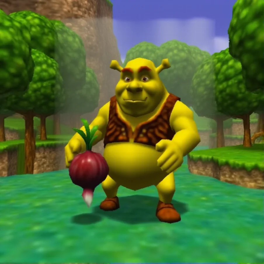 N64style, Shrek in a swamp holding an onion. flat lighting, low resolution, crt scanlines, low poly. <lora:N64_Game_Style_F1DFULL:1.4>