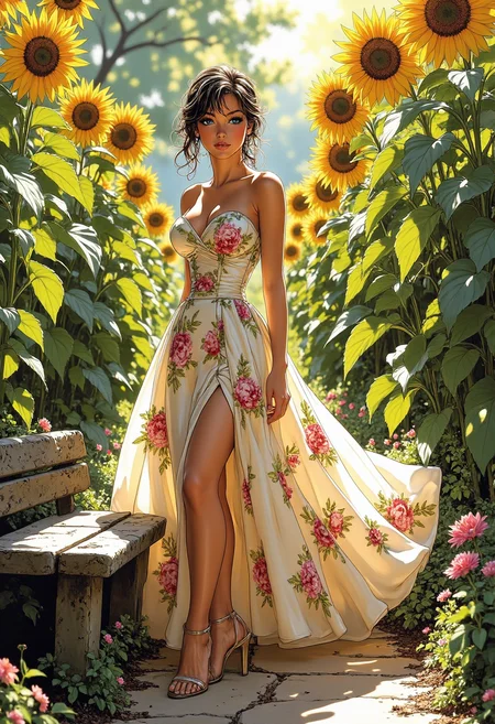 g0rg309s, A intricately embroidered floral ball gown cascades down a young woman's curves as she navigates through a winding garden maze, overgrown with vines and towering sunflowers that stretch towards the sky like nature's own cathedral, their faces painted with delicate petals in shades of pink and yellow that echo the hues of the dress, which seems to glow softly under the dappled sunlight filtering through the leafy canopy above, as she pauses at a fork in the path, one foot resting on a weathered stone bench, the other poised mid-step, lost in contemplation amidst the whirling scent of blooming flowers and damp earth.