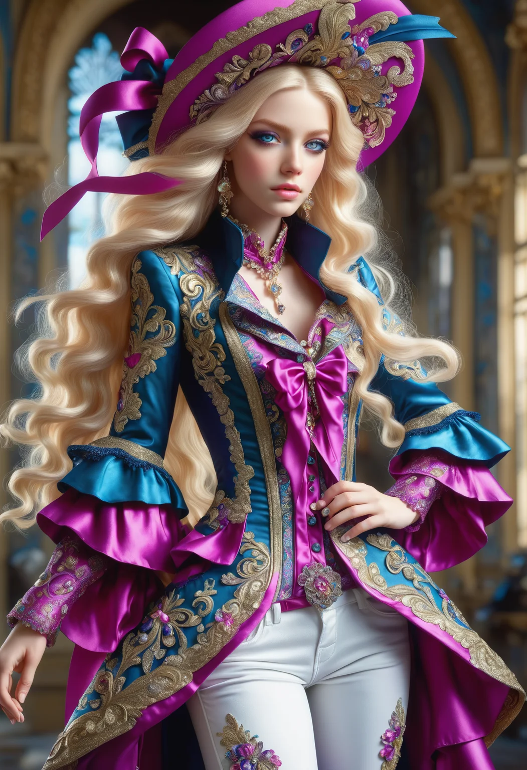 DonMM1yaXL woman, baroque Brocade Breeches, Ribbon and Bow Accents, __clothings/features/baroque/male/attire/collor-cleavage__, Jeweled Buttons, Wide Cuffs on Breeches, Ribbon Tied Bicorn Hats, dark pink, wings,DonM3t3rn1tyXL, <lora:myLora\DonMM1y4XL-v1.1-000008:.8> <lora:released\DonM3t3rn1tyXL-v1.1-000008:.8> <lora:SDXL\DetailedEyes_V3> <lora:myLora\DonMDr4g0nXL-rb>