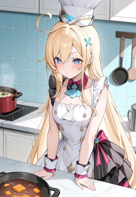 LM142, masterpiece, absurdres, newest, best quality, perfect quality, absolutely eye-catching BREAK
1girl, solo, gsesc, blonde hair, long hair, ahoge, blue eyes, white hat, hair ornament, black bowtie, blue ascot, white dress, double-breasted, frilled dress, sleeveless dress, gold buttons, wrist cuffs, black overskirt BREAK
indoors, kitchen, kitchen counter, food, cooking