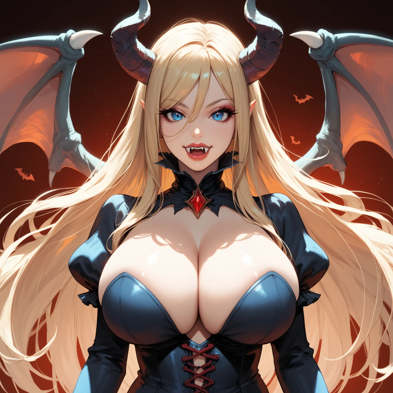1 woman, 18 yo, blonde long hair, blue eyes, thick lips, big breasts, fangs, vampire girl, horns, bat wings,