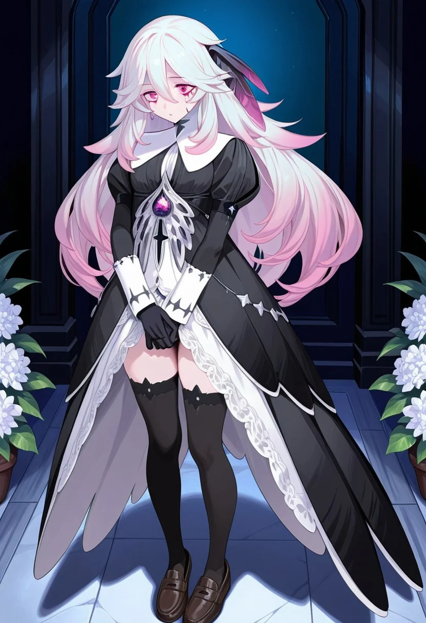 AMAZING QUALITY, MASTERPIECE, 1GIRL, CHIARA, HAIR FEATHERS, WHITE HAIR, PINK HIGHLIGHTS, PINK EYES, DRESS, EYE STAINS, GLOVES, THIGHHIGHS, LOAFERS