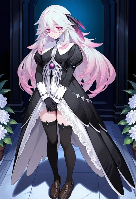AMAZING QUALITY, MASTERPIECE, 1GIRL, CHIARA, HAIR FEATHERS, WHITE HAIR, PINK HIGHLIGHTS, PINK EYES, DRESS, EYE STAINS, GLOVES, THIGHHIGHS, LOAFERS