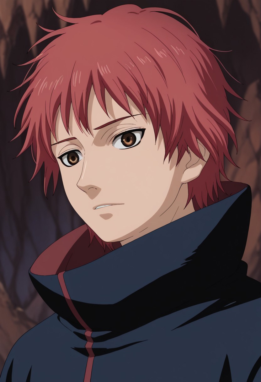 score_9, score_7_up, source_anime, 
sasori, 1boy, male focus, solo, brown eyes, red hair, high collar, portrait,
indoor, cave, shadows,