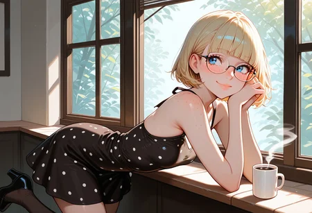 masterpiece, best quality, 32k, high resolution, absurdres, .saly, blonde, eyeglasses, slim, blue eyes, eyeglasses, short hair, blunt bangs, cute face, beautiful lips, small breasts, freckles, shy smile, leaning on high counter, hightop, (looking out the window), dappled sunlight, morning sun, drinking coffee, holding coffee mug, dress, kneehighs, polka dot, black heels, masterpiece, best quality, newest, absurdres, highres, very awa,