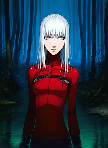artist:, masterpiece, best quality, newest, very awa, absurdres, highres, tmnh, 1girl, cibo, white hair, blue eyes, red top, daytime, swamp, river, mechanisms, detailed, <lora:Tsutomu_Nihei_Blame_Style_Illustrious:1.0>
