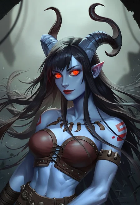 score_9, score_8_up, score_7_up, SLVTK, 1girl, gothic, portrait, beautiful, tiefling shaman, black hair, (long hair:1.3), side bangs, horns, barbarian, gladiator, war paint, tribal markings, long tail, blue skin, red lips, red eyes, glowing eyes, (smug:0.85), dramatic lights, detailed, sharp lines, dynamic, detailed drawing