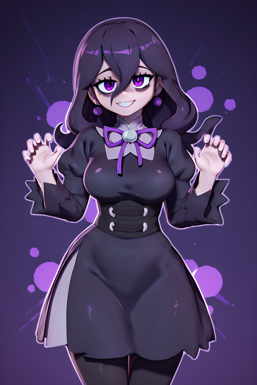 score_9, score_8_up, score_8, medium breasts, (curvy), cute, eyelashes,      ,,,    zzHexyZA, purple eyes, bags under eyes, hair between eyes, long hair, purple hair,   long sleeves, bow, jewelry, black dress, purple dress, black pantyhose, juliet sleeves, purple bow, purple bowtie,   ,<lora:HexManiacPokemonZA_PDXL:1.0>,  ,,,  BREAK, smile, looking at viewer, cowboy shot, ,,, embedding:zPDXL, Expressiveh, ,,, <lora:Zy0n7_PDXL:0.8>, <lora:SDXLFaeTastic2400:0.5>, <lora:Expressive_H-000001:0.4>,