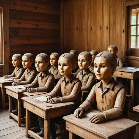 A class of rustic wooden students with wooden faces, (made of wood), sitting at their desks.
<lora:OldWood01_CE_XL_300-OT:0.6> oldwdCE_style
