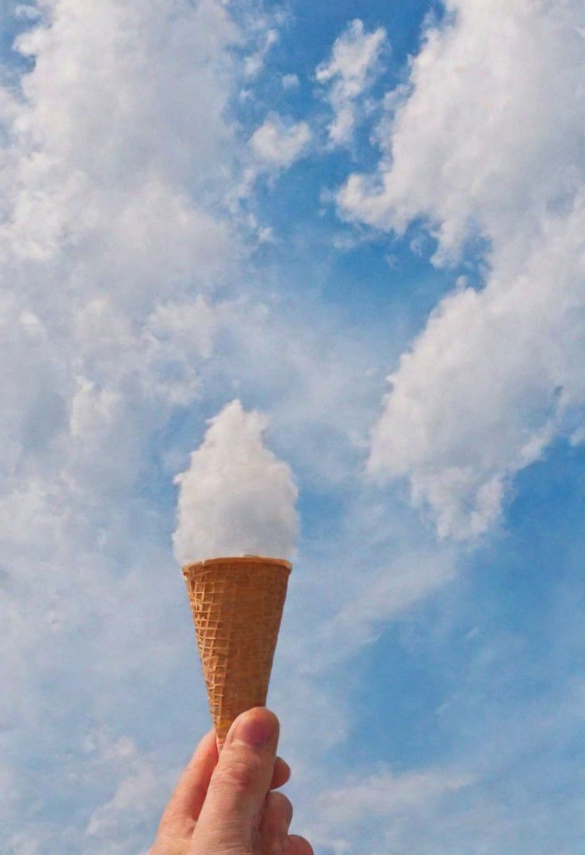 F-B-C, POV, foreground: a hand holding a ice-cream cone   , background: clouds  , effect: clouds as ice-cream