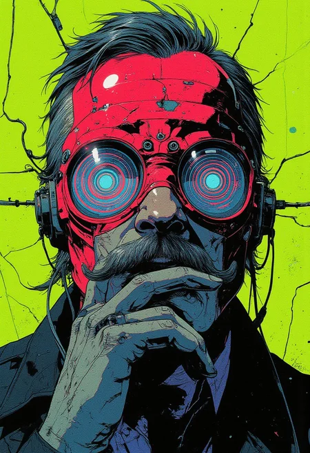 (A digital portrait in the style of ck-js,anime, cyberpunk) A man’s face dominates the frame, his thick, sharply curved mustache emphasizing his intense expression. A sleek, angular crimson mask covers the upper half of his face, its metallic sheen reflecting streaks of electric blue and neon yellow. His piercing eyes radiate concentric hypnotic circles in alternating shades of blazing cyan and deep magenta, each expanding outward with perfect symmetry, pulling the viewer into an endless trance. His right hand is raised near his mouth, fingers slightly curled, as if pausing before whispering something secret and dangerous. The background is vivid lime green, textured with subtle cracks and distortions, enhancing the surreal, high-contrast atmosphere. The entire composition is rendered in bold black and ultraviolet shadows, with sharp, glowing highlights amplifying the intensity. The hypnotic circles pulse with an unnatural, electrifying energy, heightening the suspense and psychological tension woven into the striking and surreal scene.
